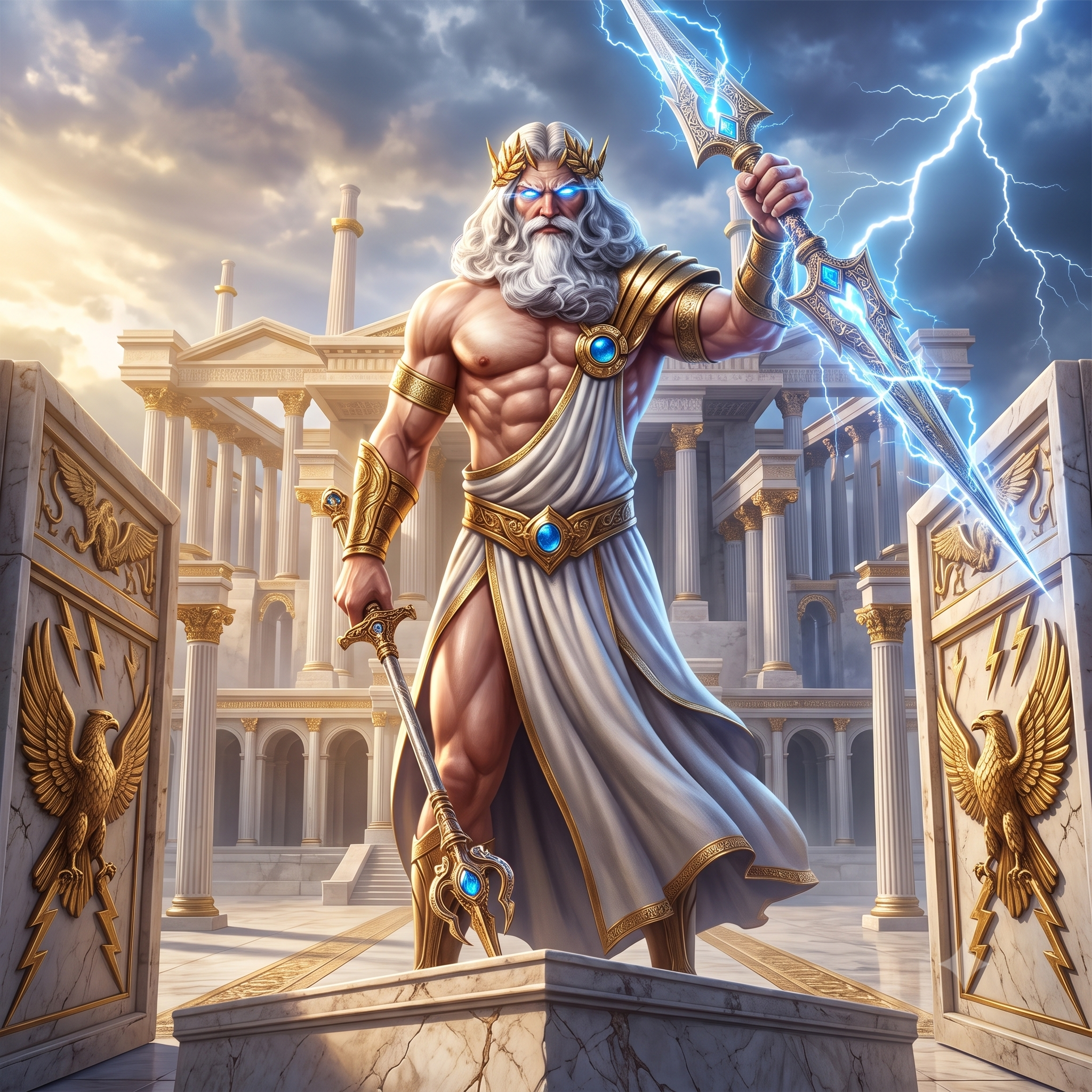 Zeus standing before his Olympian temple, wielding a lightning blade, storm clouds behind him.